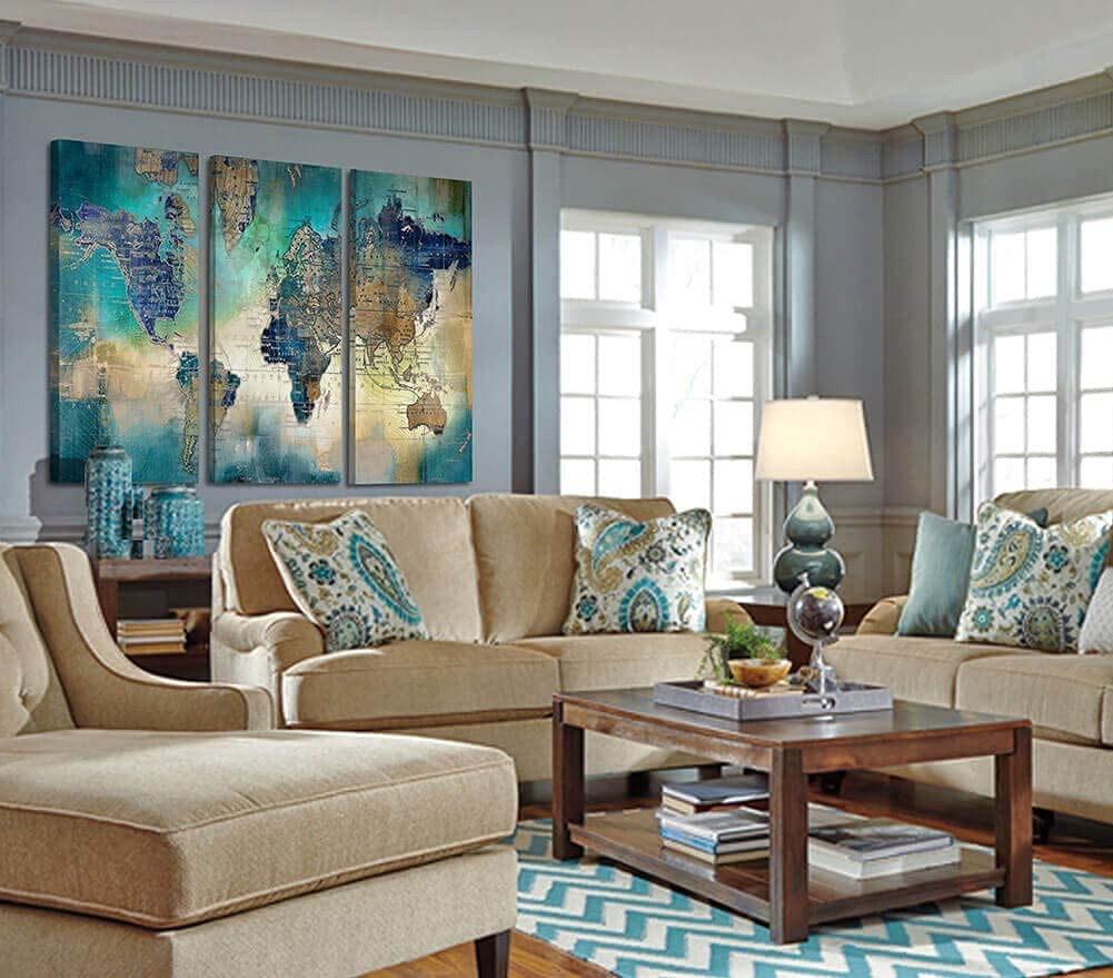 Large World Map Canvas Prints Wall Art for Living Room Office "20x40" 3 Piece Green World Map Picture Artwork Decor for Home Decoration - Image 3