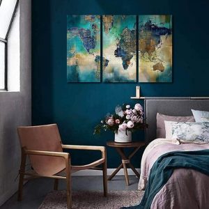 Large World Map Canvas Prints Wall Art for Living Room Office "20x40" 3 Piece Green World Map Picture Artwork Decor for Home Decoration