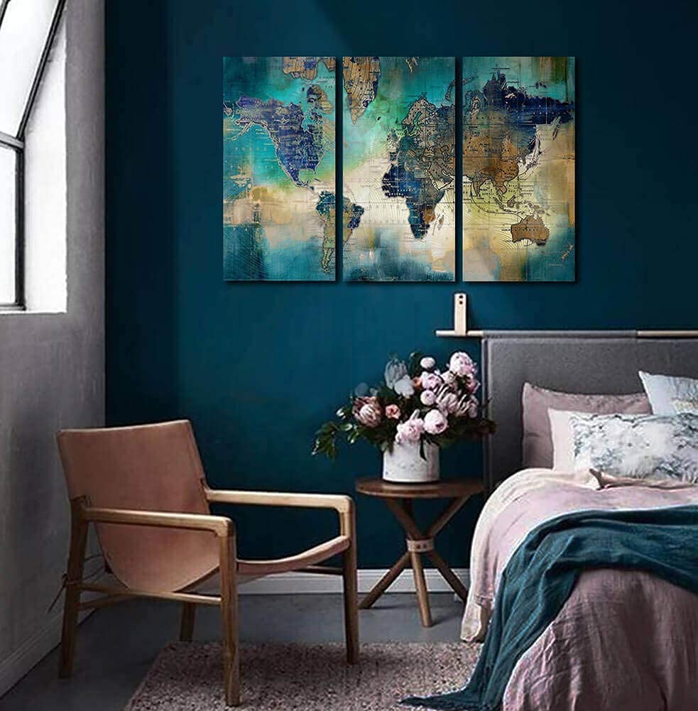 Large World Map Canvas Prints Wall Art for Living Room Office "20x40" 3 Piece Green World Map Picture Artwork Decor for Home Decoration