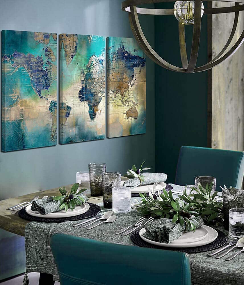 Large World Map Canvas Prints Wall Art for Living Room Office "20x40" 3 Piece Green World Map Picture Artwork Decor for Home Decoration - Image 2