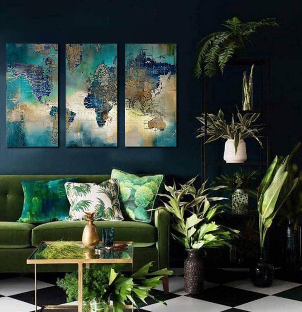 Large World Map Canvas Prints Wall Art for Living Room Office "20x40" 3 Piece Green World Map Picture Artwork Decor for Home Decoration - Image 4