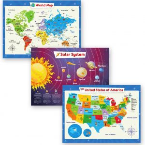 3 Pack - Solar System Poster, World Map Poster for Kids Wall and United States Map for Kids, Perfect Maps for Toddlers, Children, Kindergarten, Preschool, Playroom or Classroom, Laminated, 24x18