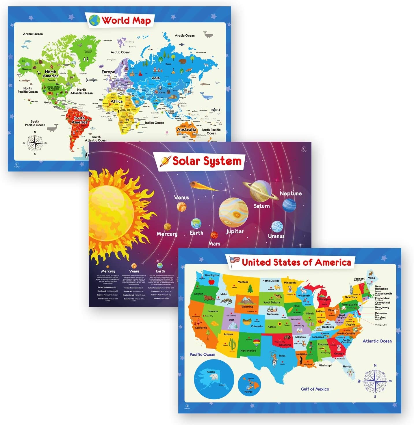 3 Pack - Solar System Poster, World Map Poster for Kids Wall and United States Map for Kids, Perfect Maps for Toddlers, Children, Kindergarten, Preschool, Playroom or Classroom, Laminated, 24x18