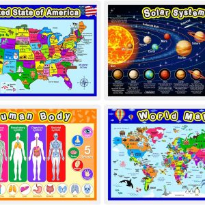 Fully Laminated Preschool Educational Posters for Kids and Toddlers, Nursery Homeschool Pre-K Kindergarten (4 Pieces, World Map, USA Map, Solar System, Human Body)