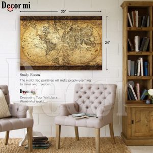 Decor MI Vintage World Map Canvas Wall Art Retro Map of the World Canvas Prints Framed and Stretched for Living Room Ready to Hang 24"x35" 60x90cm