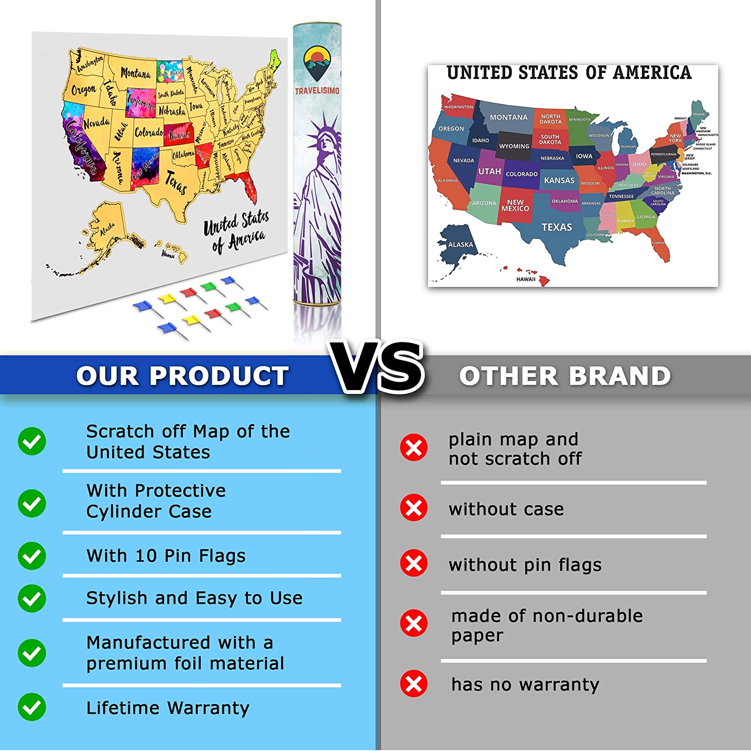 Travelisimo Scratch Off Map of United States, 12x17 US Watercolor Poster for Road Trip, USA Travel Map Scratch Off Accessories, 10 Flags Included for Next Visited States - Image 6