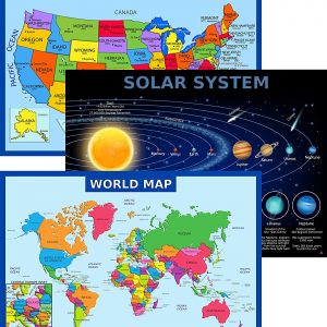 World Map Poster, United States USA Map, Solar System Posters for Kids - Laminated, Size 14x19.5 in.- Educational Posters for Elementary Classroom Decorations, Teacher Supplies (Maps and Solar)