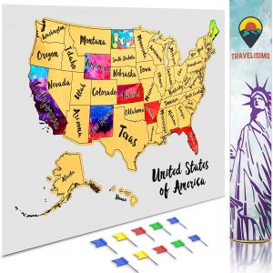 Travelisimo Scratch Off Map of United States, 12x17 US Watercolor Poster for Road Trip, USA Travel Map Scratch Off Accessories, 10 Flags Included for Next Visited States