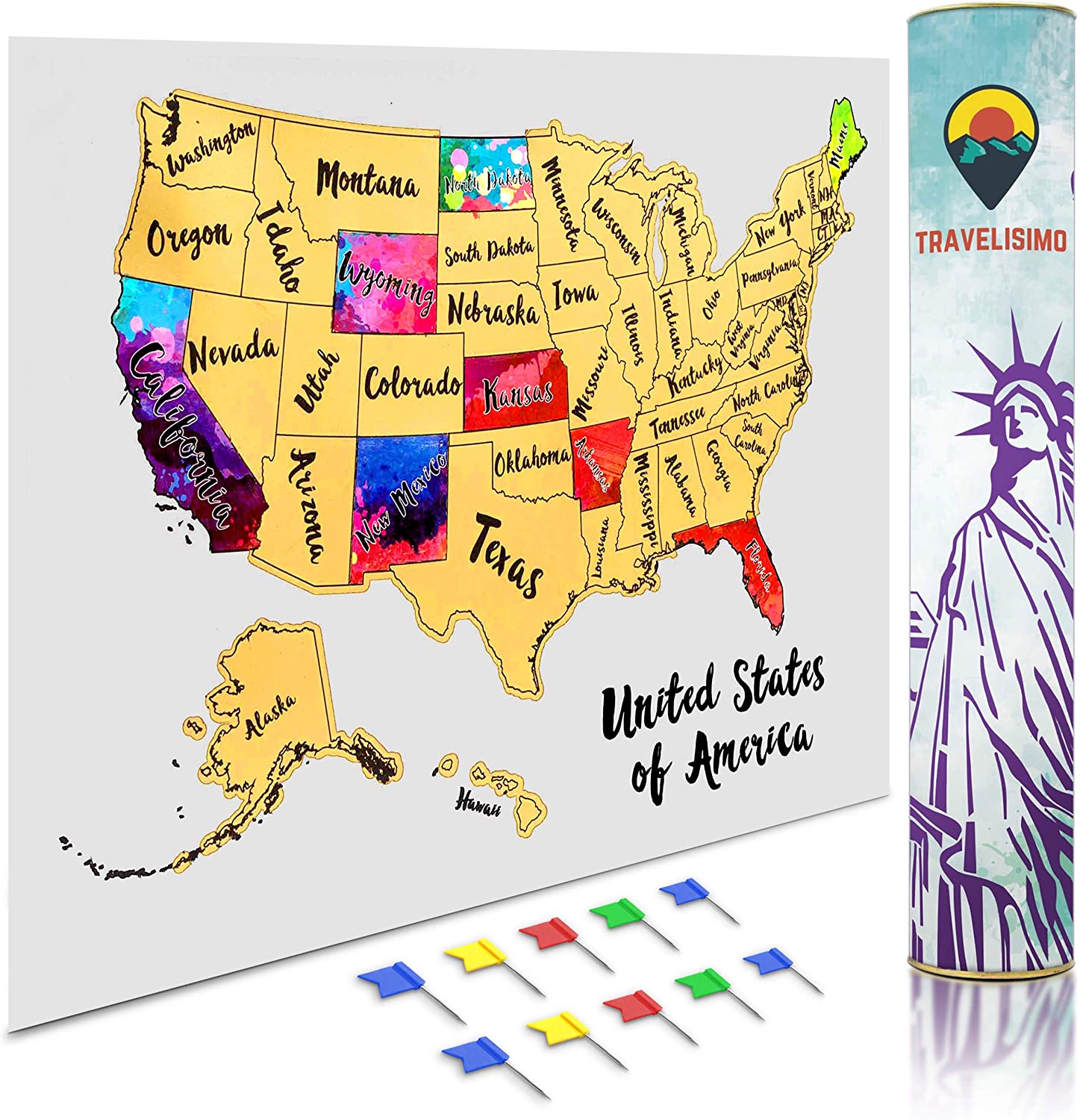 Travelisimo Scratch Off Map of United States, 12x17 US Watercolor Poster for Road Trip, USA Travel Map Scratch Off Accessories, 10 Flags Included for Next Visited States