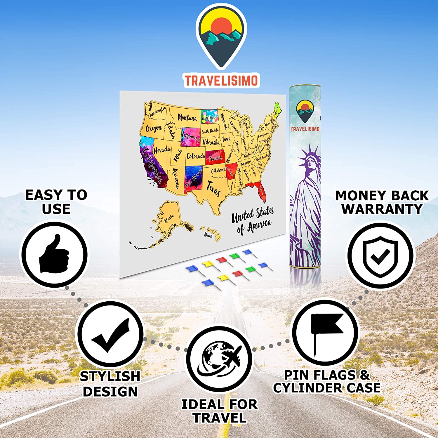 Travelisimo Scratch Off Map of United States, 12x17 US Watercolor Poster for Road Trip, USA Travel Map Scratch Off Accessories, 10 Flags Included for Next Visited States - Image 7